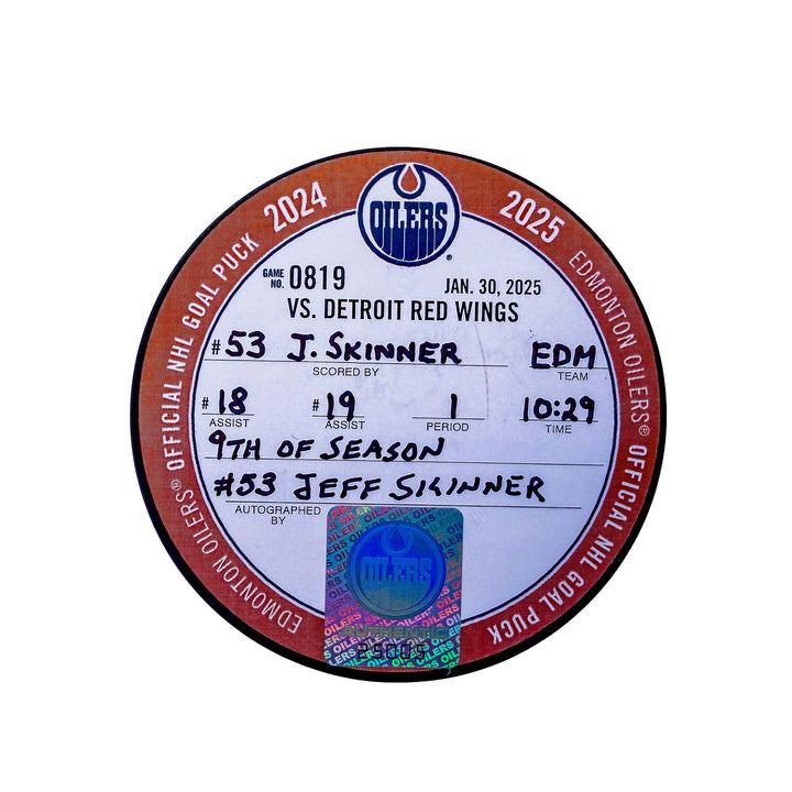 Jeff Skinner Edmonton Oilers Autographed Goal Puck - Jan. 30/2025 vs Detroit Red Wings #25005