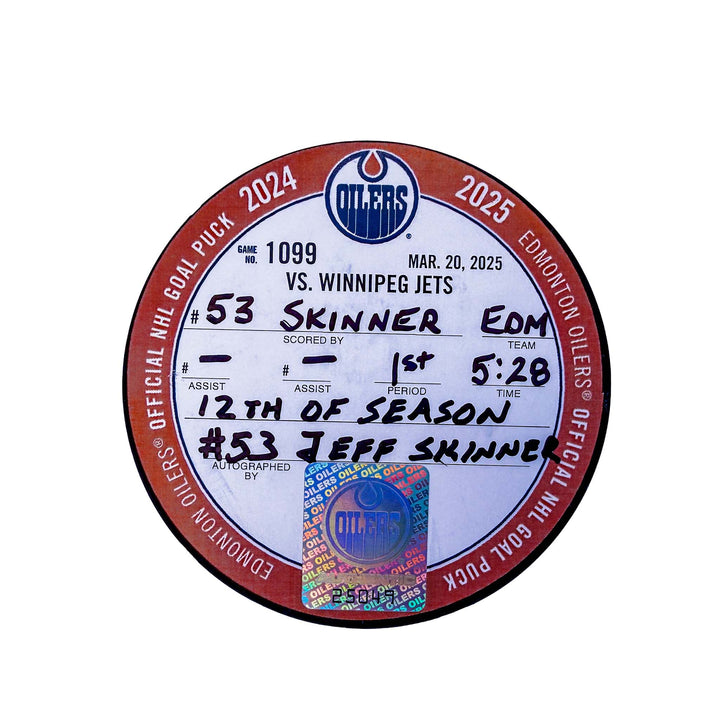 Jeff Skinner Edmonton Oilers Autographed Goal Puck - Mar. 20/2025 vs Winnipeg Jets #25049