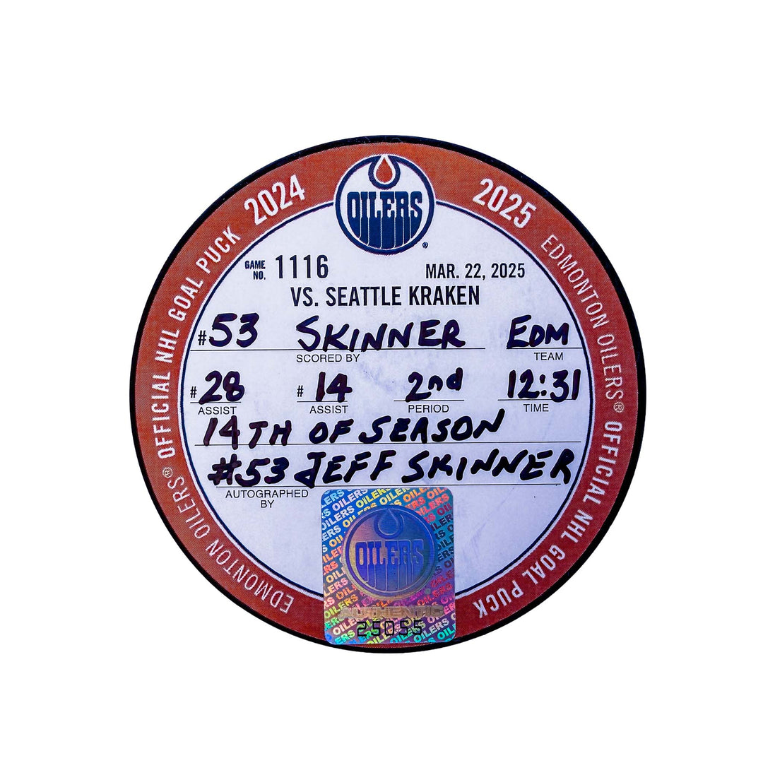 Jeff Skinner Edmonton Oilers Autographed Goal Puck - Mar. 22/2025 vs Seattle Kraken #25055