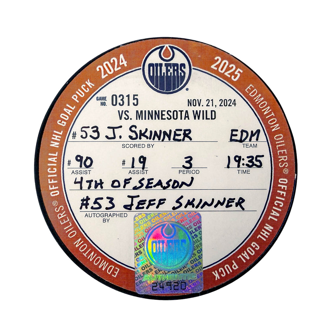 Jeff Skinner Edmonton Oilers Autographed Goal Puck - Nov. 21/2024 vs Minnesota Wild #24920