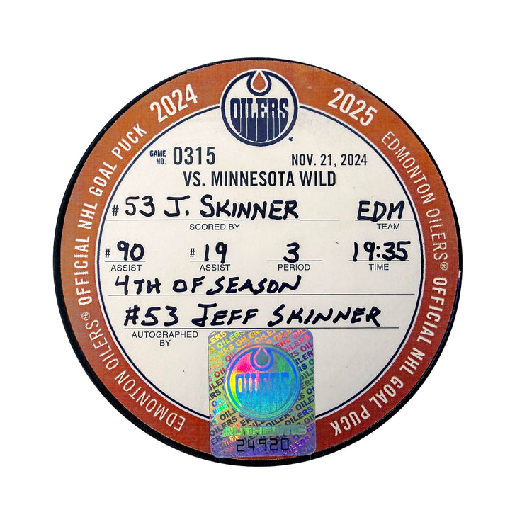 Jeff Skinner Edmonton Oilers Autographed Goal Puck - Nov. 21/2024 vs Minnesota Wild #24920