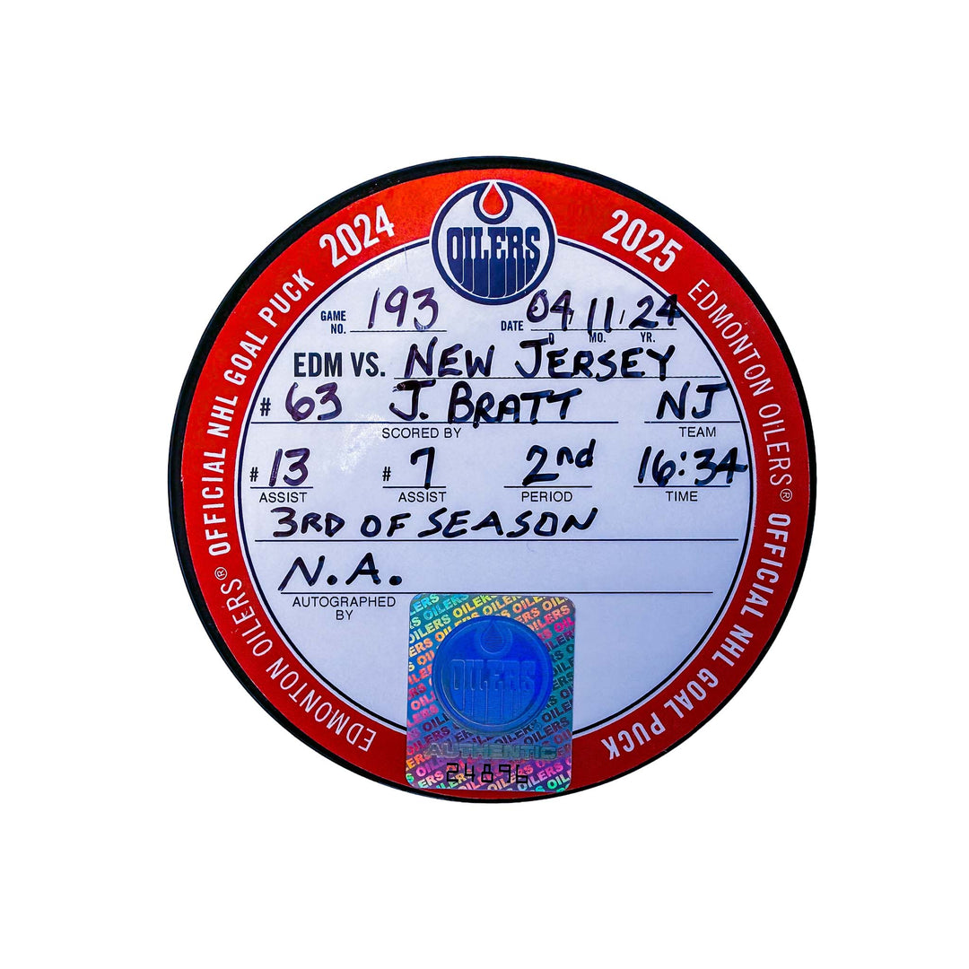 Jesper Bratt New Jersey Devils Goal Puck - Nov. 4/2024 vs Edmonton Oilers #24896