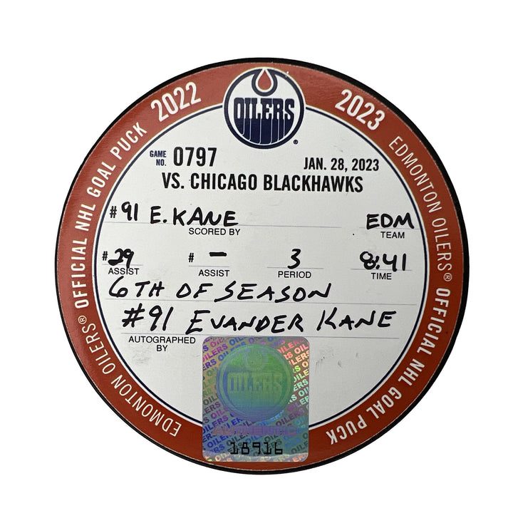 Evander Kane Edmonton Oilers Autographed Goal Puck - Jan. 28/2023 vs Chicago Blackhawks #18916