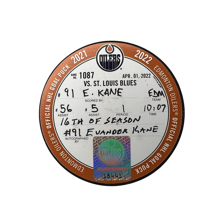 Evander Kane Edmonton Oilers Autographed Goal Puck - Apr. 1/2022 vs St. Louis Blues #18441