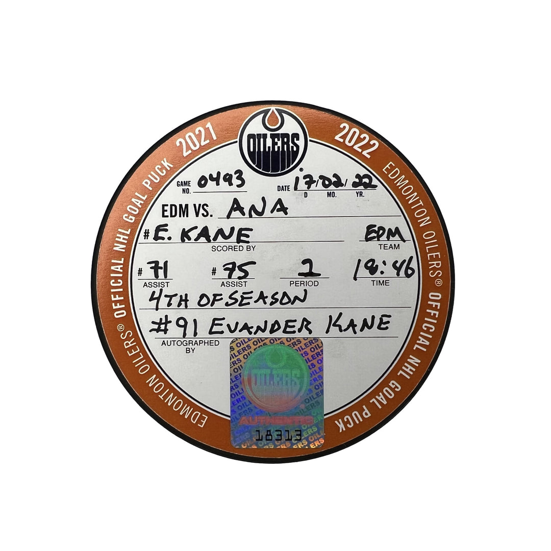 Evander Kane Edmonton Oilers Autographed Goal Puck - Feb. 17/2022 vs Anaheim Ducks #18313