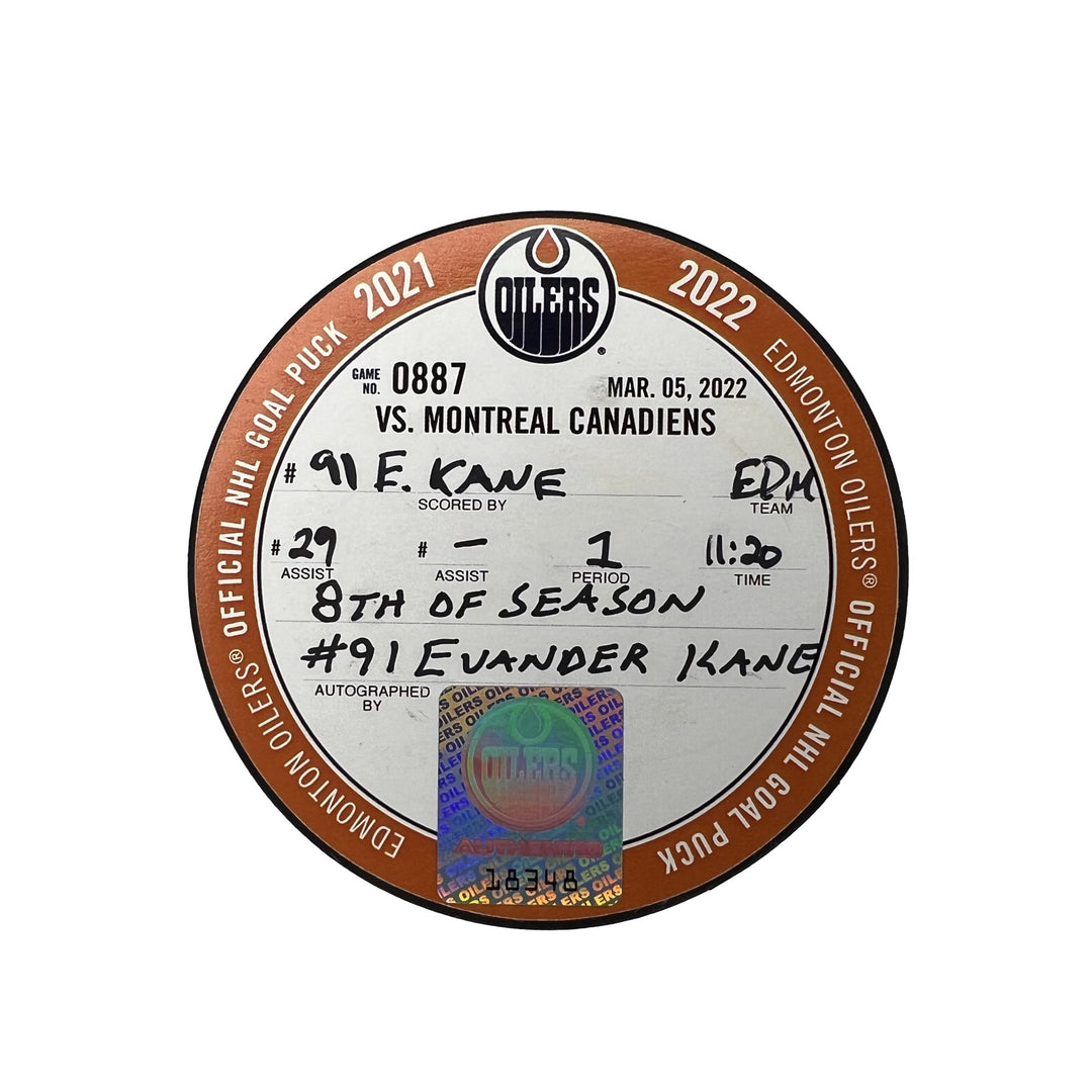 Evander Kane Edmonton Oilers Autographed Goal Puck - Mar. 5/2022 vs Montreal Canadiens #18348