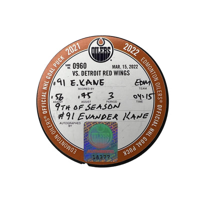 Evander Kane Edmonton Oilers Autographed Goal Puck - Mar. 15/2022 vs Detroit Red Wings #18377