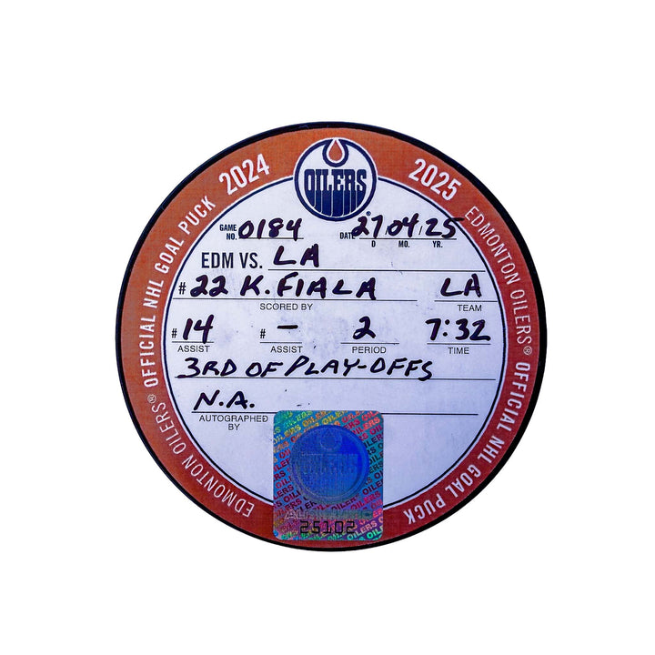 Kevin Fiala Los Angeles Kings Playoff Goal Puck - Apr. 27/2025 vs Edmonton Oilers #25102