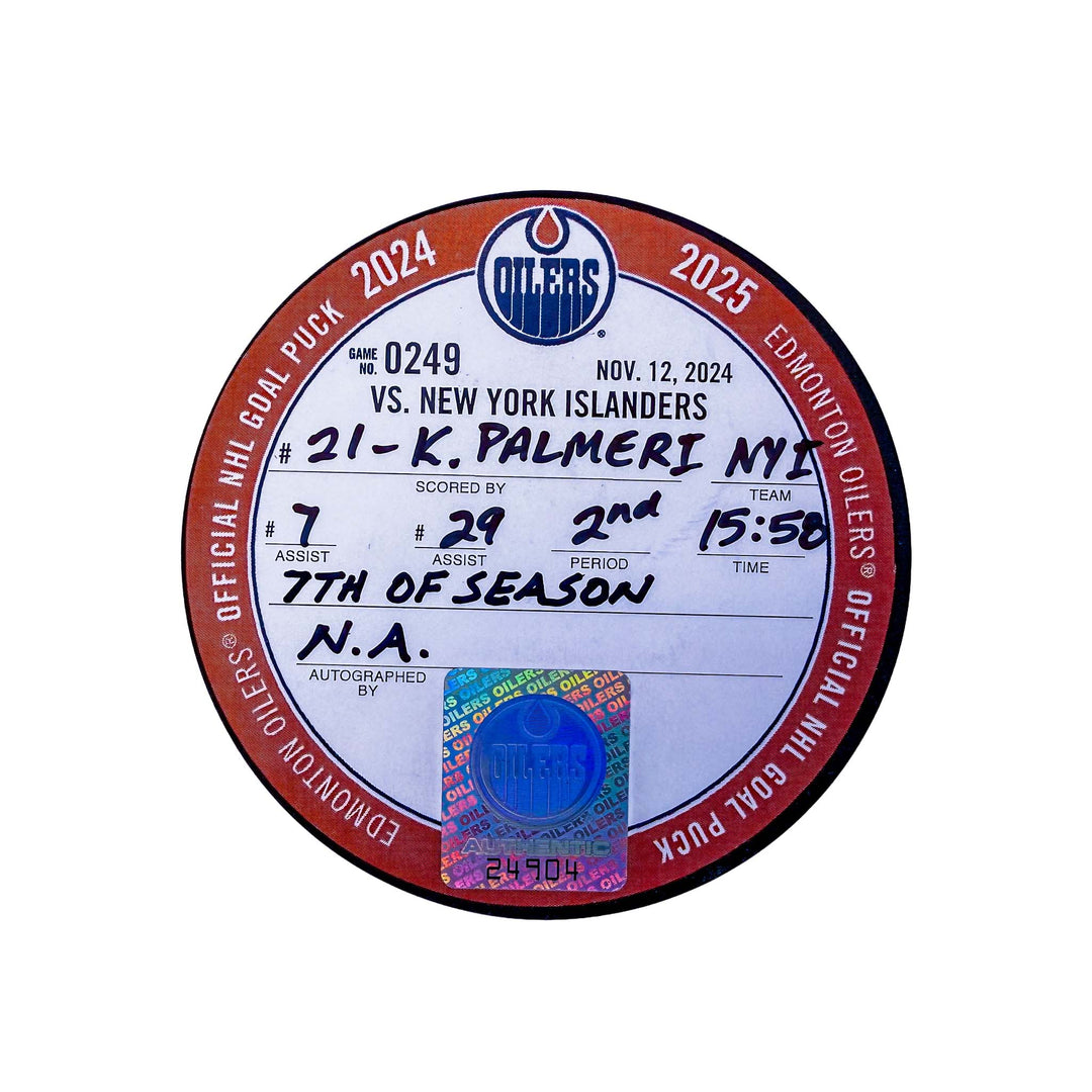 Kyle Palmeri New York Islanders Goal Puck - Nov. 12/2024 vs Edmonton Oilers #24904