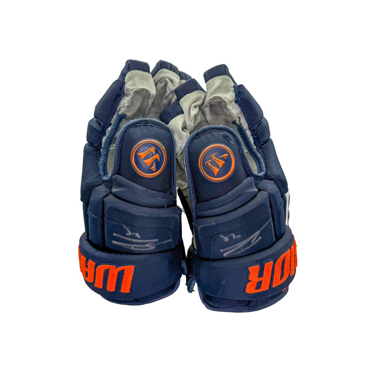 Leon Draisaitl Edmonton Oilers Signed Game Worn 2021-22 Warrior Navy Hockey Gloves #21582