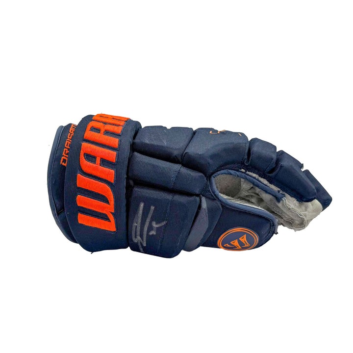 Leon Draisaitl Edmonton Oilers Signed Game Worn 2021-22 Warrior Navy Hockey Gloves #21582