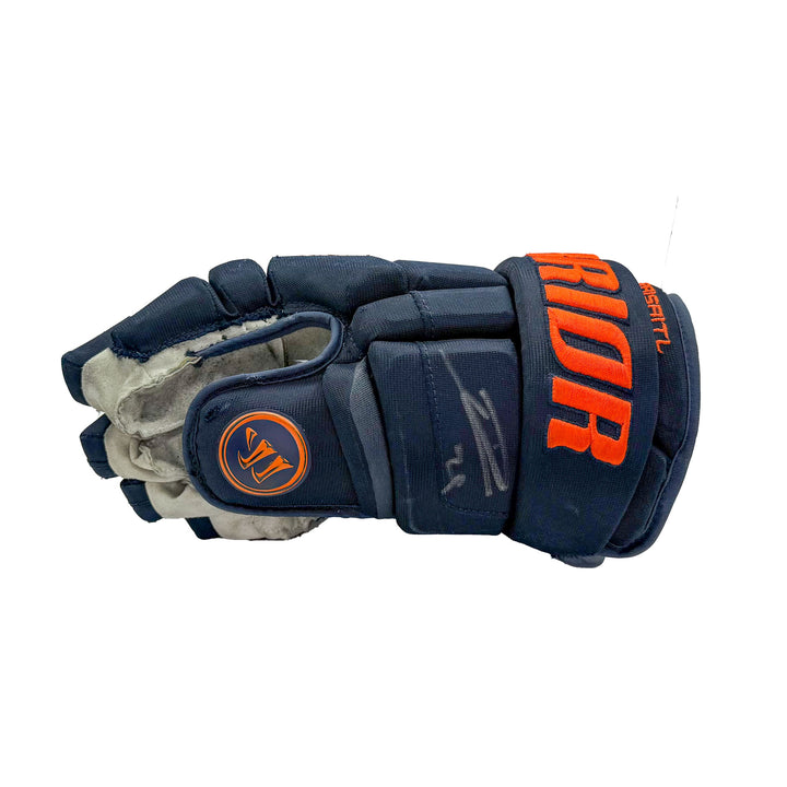 Leon Draisaitl Edmonton Oilers Signed Game Worn 2021-22 Warrior Navy Hockey Gloves #21582