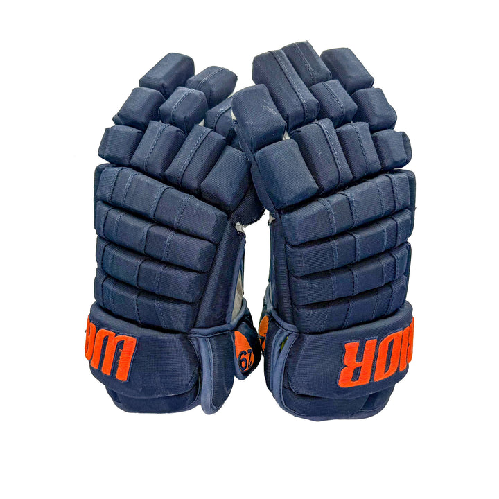 Leon Draisaitl Edmonton Oilers Signed Game Worn 2021-22 Warrior Navy Hockey Gloves #21582