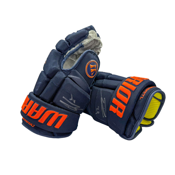Leon Draisaitl Edmonton Oilers Signed Game Worn 2021-22 Warrior Navy Hockey Gloves #21582