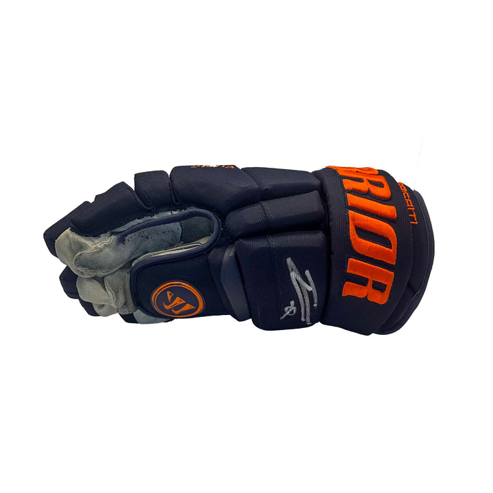 Leon Draisaitl Edmonton Oilers Signed Playoff Game Worn 2021-22 Warrior Navy Hockey Gloves #22304