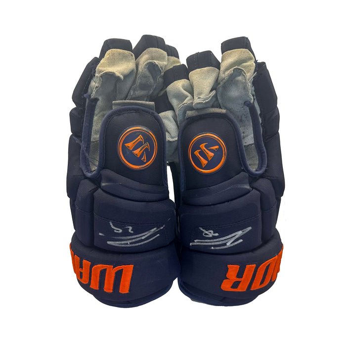 Leon Draisaitl Edmonton Oilers Signed Playoff Game Worn 2021-22 Warrior Navy Hockey Gloves #22304