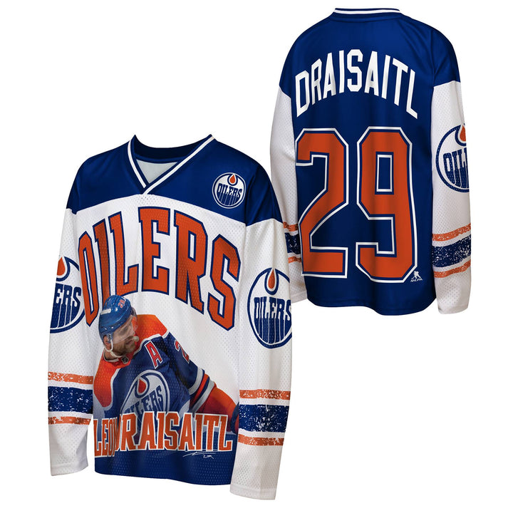 Leon Draisaitl Edmonton Oilers Youth Outerstuff White & Blue Long Sleeve Jersey Shirt