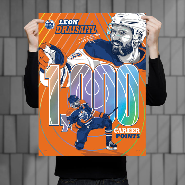 Leon Draisaitl Edmonton Oilers 1,000 Career NHL Points Milestone 18" x 24" Foil Serigraph Print LE /400