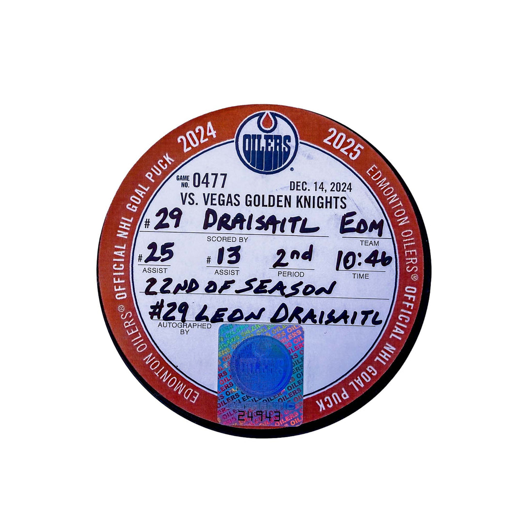 Leon Draisaitl Edmonton Oilers Autographed Goal Puck - Dec. 14/2024 vs Vegas Golden Knights #24943