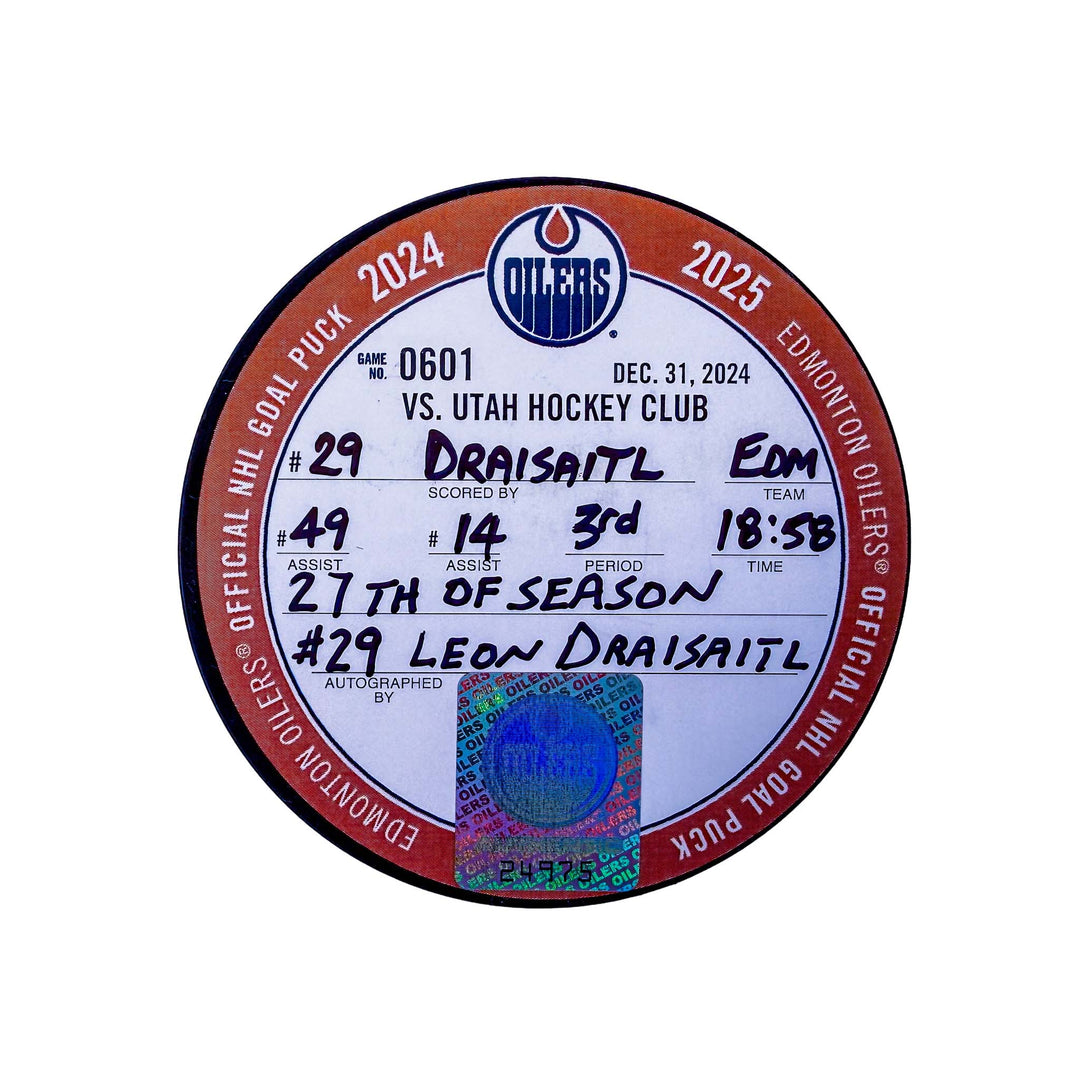 Leon Draisaitl Edmonton Oilers Autographed Goal Puck - Dec. 31/2024 vs Utah Mammoth #24975
