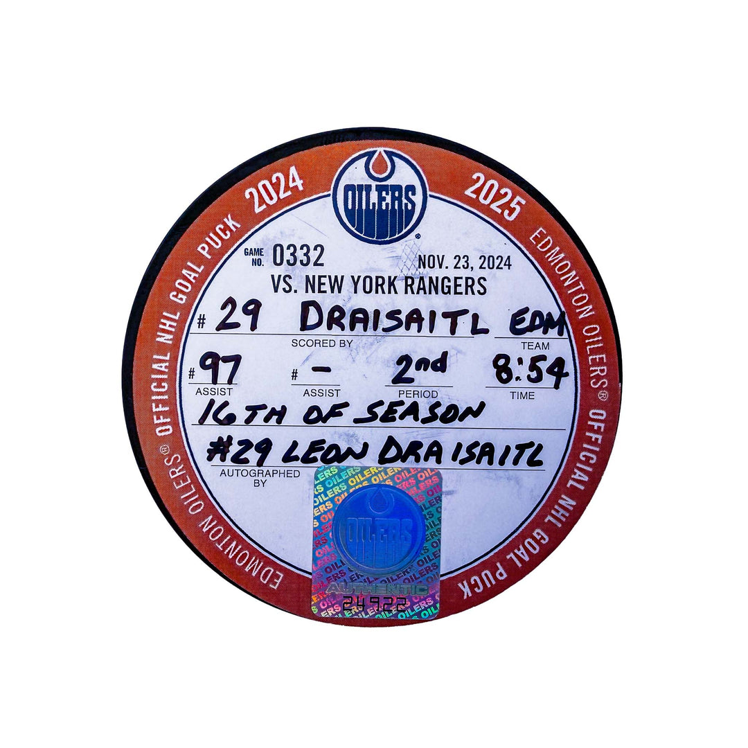 Leon Draisaitl Edmonton Oilers Autographed Goal Puck - Nov. 23/2024 vs New York Rangers #24922
