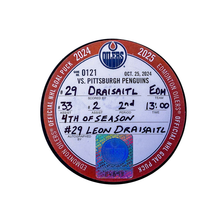 Leon Draisaitl Edmonton Oilers Autographed Goal Puck - Oct. 25/2024 vs Pittsburgh Penguins #24893