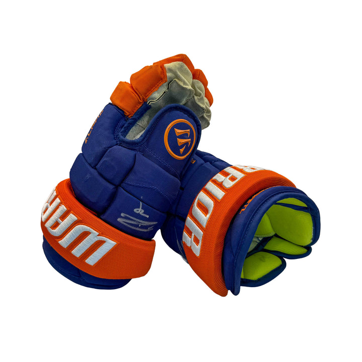 Leon Draisaitl Oilers Signed Game Worn 2025-26 Warrior Royal Hockey Gloves #26576