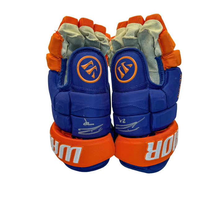 Leon Draisaitl Oilers Signed Game Worn 2025-26 Warrior Royal Hockey Gloves #26576