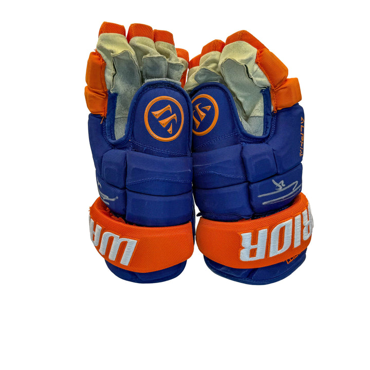 Leon Draisaitl Oilers Signed Game Worn 2025-26 Warrior Royal Hockey Gloves #26577