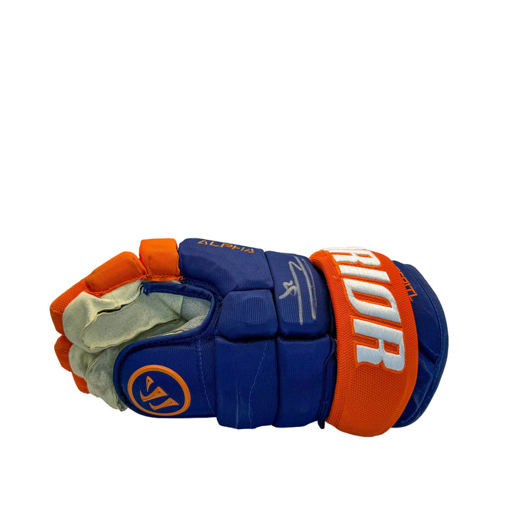 Leon Draisaitl Oilers Signed Game Worn 2025-26 Warrior Royal Hockey Gloves #26577