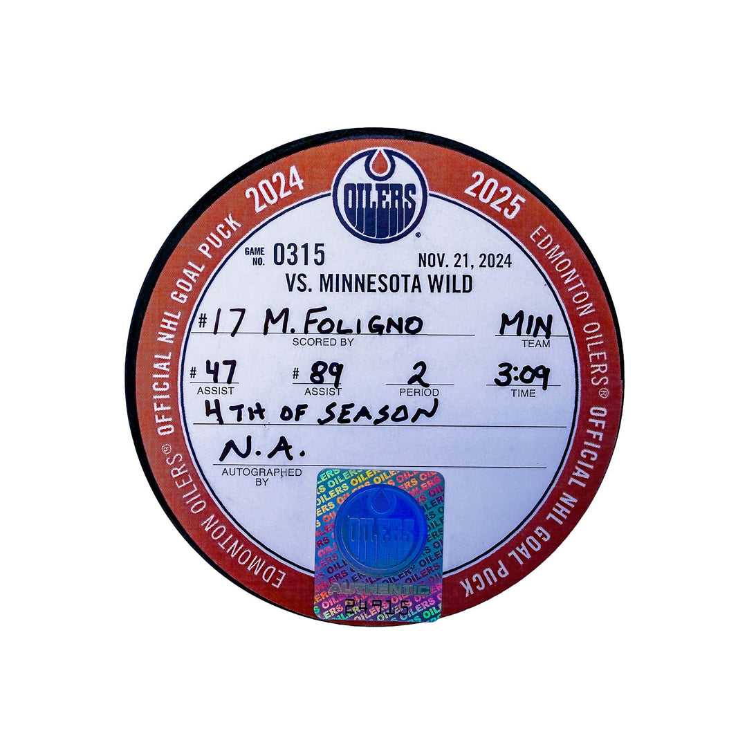 Marcus Foligno Minnesota Wild Goal Puck - Nov. 21/2024 vs Edmonton Oilers #24915