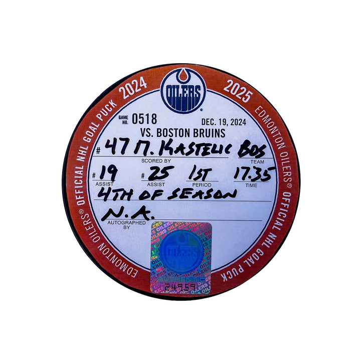 Mark Kastelic Boston Bruins Goal Puck - Dec. 19/2024 vs Edmonton Oilers #24959