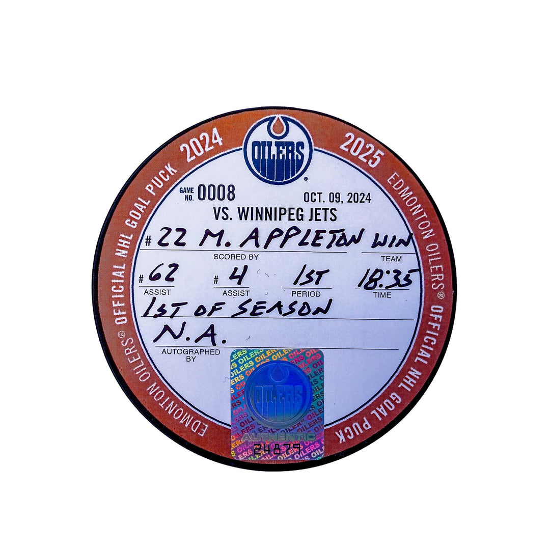 Mason Appleton Winnipeg Jets Goal Puck - Oct. 9/2024 vs Edmonton Oilers #24879
