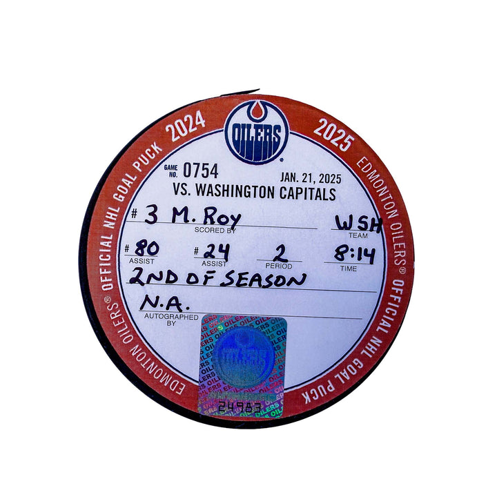 Matt Roy Washington Capitals Goal Puck - Jan. 21/2025 vs Edmonton Oilers #24983