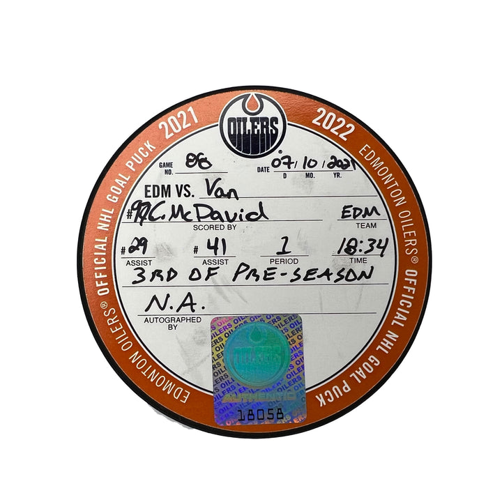 Connor McDavid Edmonton Oilers Preseason Goal Puck - Oct. 7/2021 vs Vancouver Canucks #18058