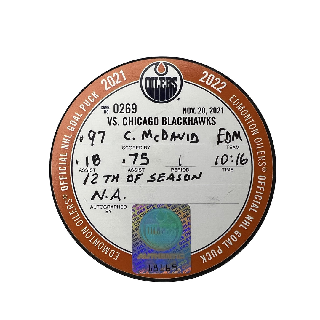 Connor McDavid Edmonton Oilers Goal Puck - Nov. 20/2021 vs Chicago Blackhawks #18169
