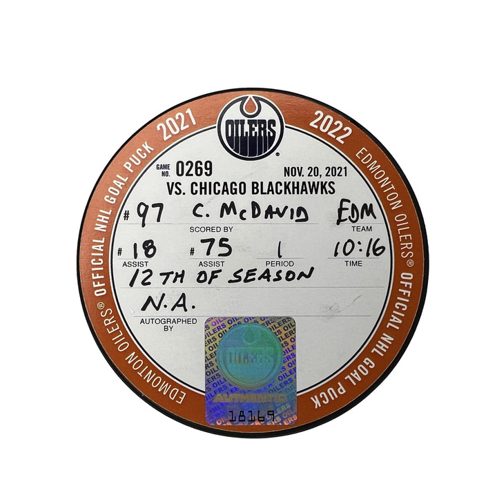 Connor McDavid Edmonton Oilers Goal Puck - Nov. 20/2021 vs Chicago Blackhawks #18169