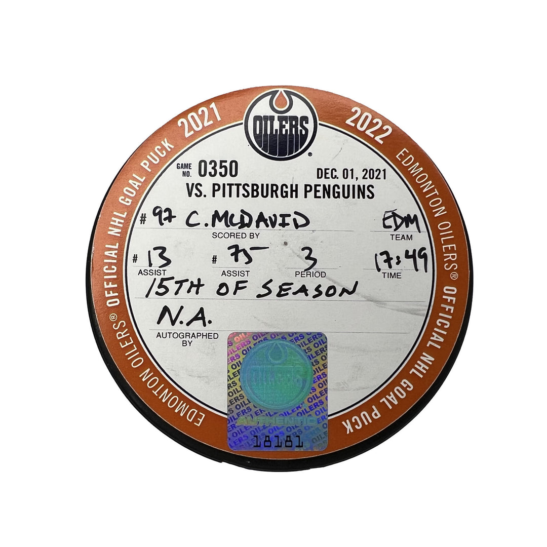 Connor McDavid Edmonton Oilers Goal Puck - Dec. 1/2021 vs Pittsburgh Penguins #18181