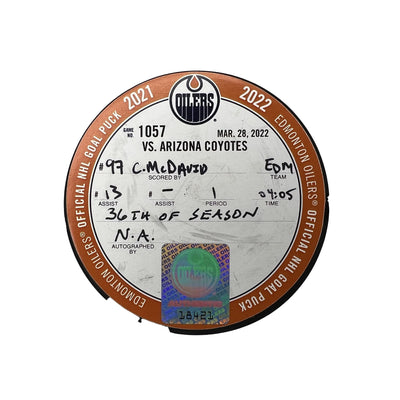 Connor McDavid Edmonton Oilers Goal Puck - Mar. 28/2022 vs Arizona Coyotes #18421