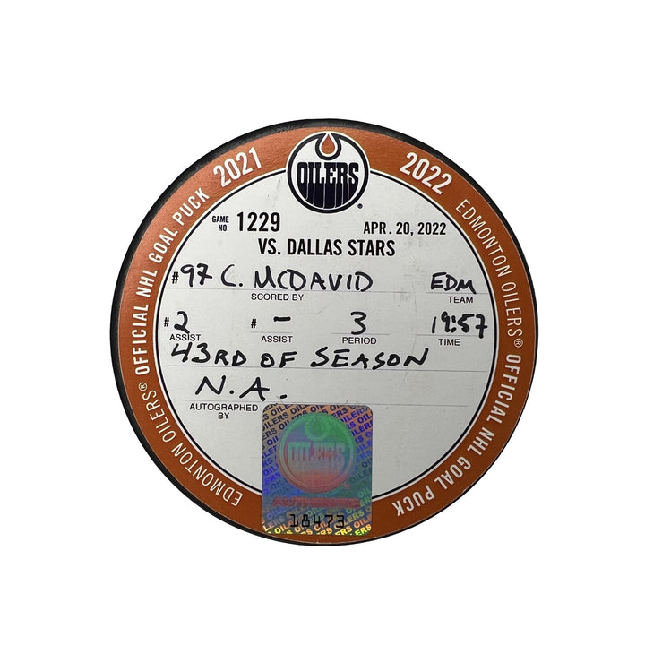 Connor McDavid Edmonton Oilers Goal Puck - Apr. 20/2022 vs Dallas Stars #18473