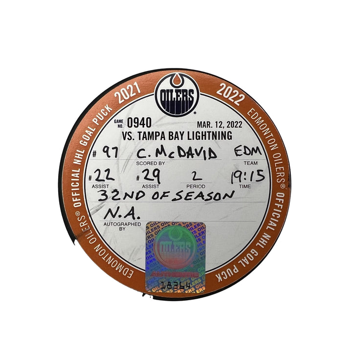 Connor McDavid Edmonton Oilers Goal Puck - Mar. 12/2022 vs Tampa Bay Lightning #18364