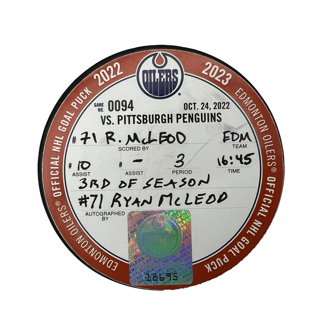 Ryan McLeod Edmonton Oilers Autographed Goal Puck - Oct. 24/2022 vs Pittsburgh Penguins #18695