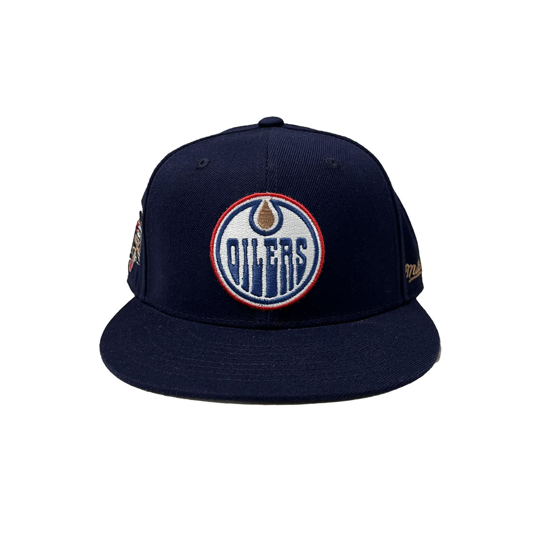 Edmonton Oilers Mitchell & Ness Navy Logo History Fitted Hat