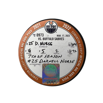 Darnell Nurse Edmonton Oilers Autographed Goal Puck - Mar. 17/2022 vs Buffalo Sabres #18389