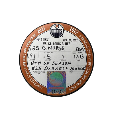 Darnell Nurse Edmonton Oilers Autographed Goal Puck - Apr. 1/2022 vs St. Louis Blues #18443