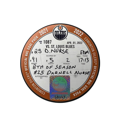 Darnell Nurse Edmonton Oilers Autographed Goal Puck - Apr. 1/2022 vs St. Louis Blues #18443