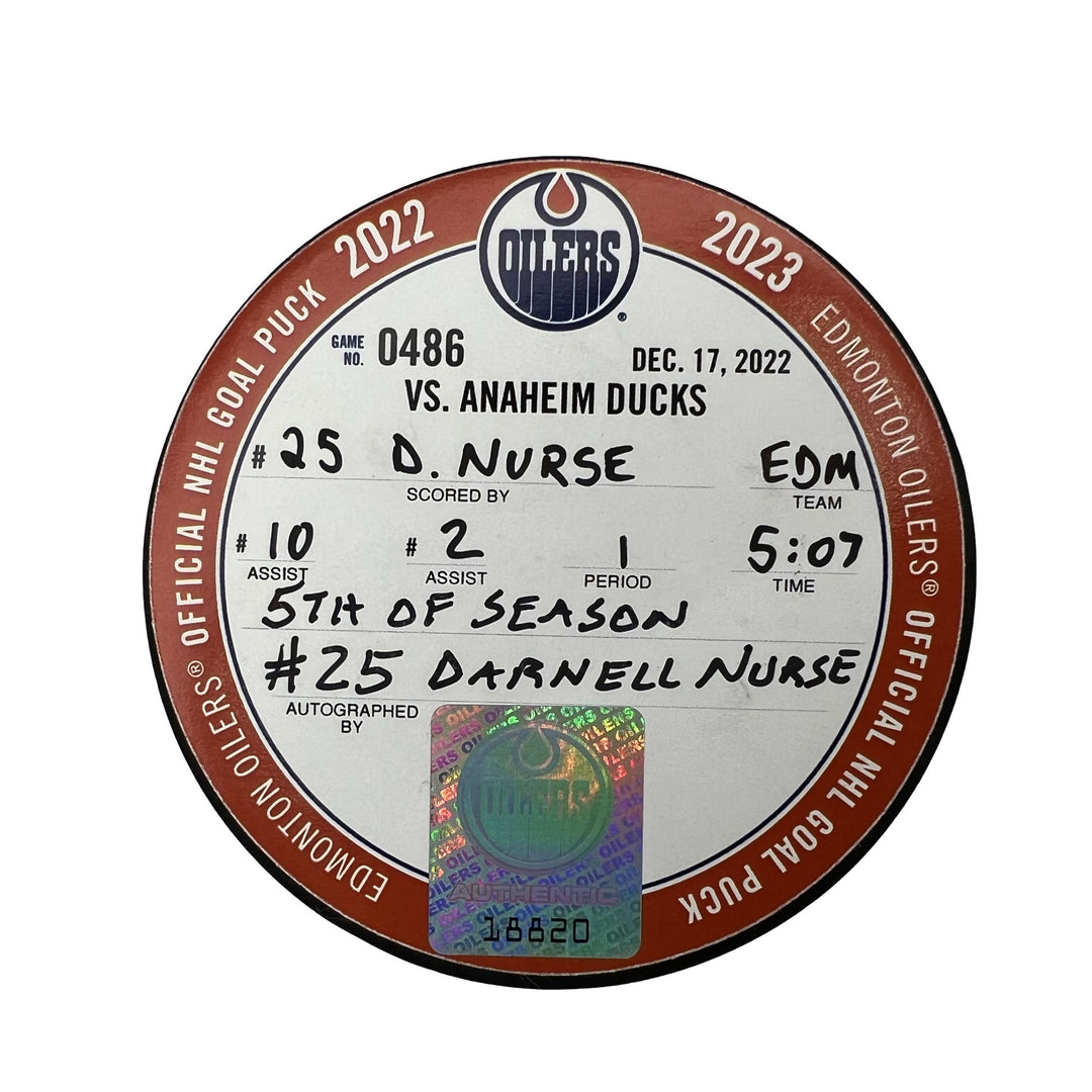 Darnell Nurse Edmonton Oilers Autographed Goal Puck - Dec. 17/2022 vs Anaheim Ducks #18820