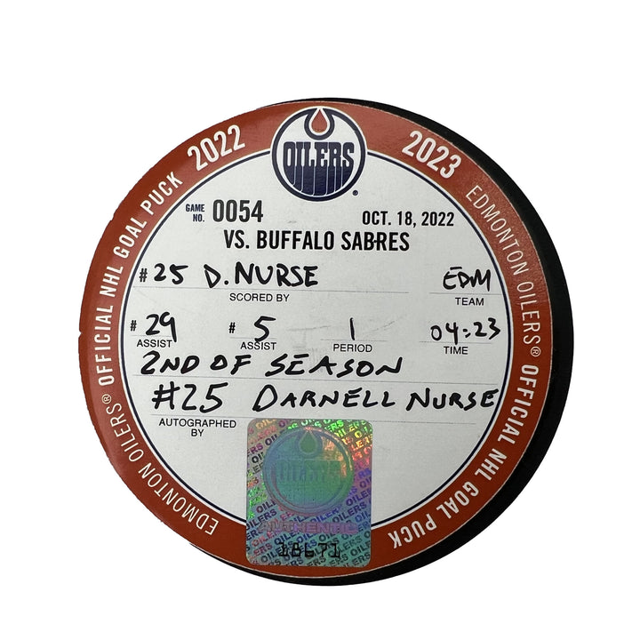 Darnell Nurse Edmonton Oilers Autographed Goal Puck - Oct. 18/2022 vs Buffalo Sabres #18671