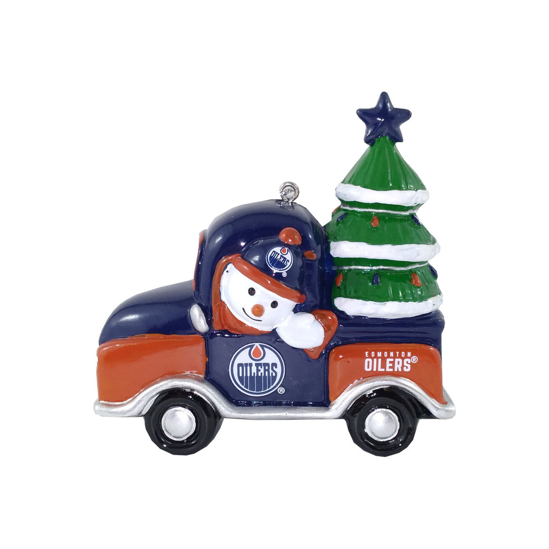 Edmonton Oilers Snowman Driving Truck Ornament