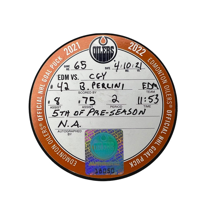 Brendan Perlini Edmonton Oilers Preseason Goal Puck - Oct. 4/2021 vs Calgary Flames #18050